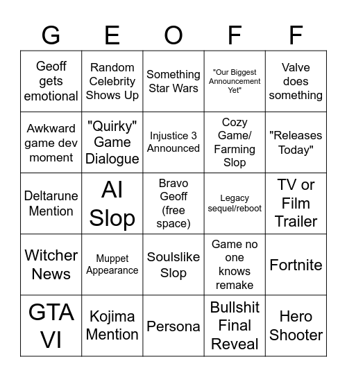 Summer Game Fest Bingo Card