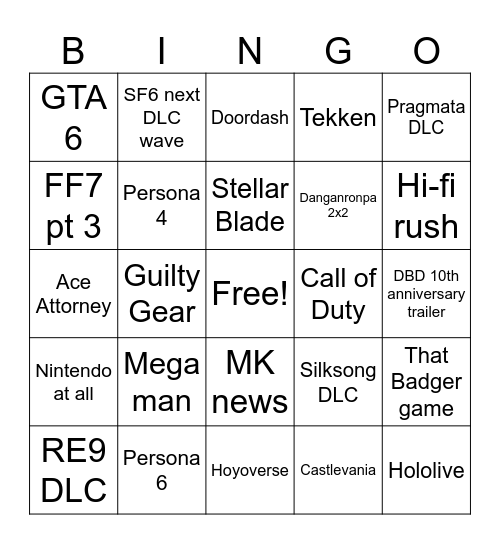Summer Games Fest 2026 Bingo Card