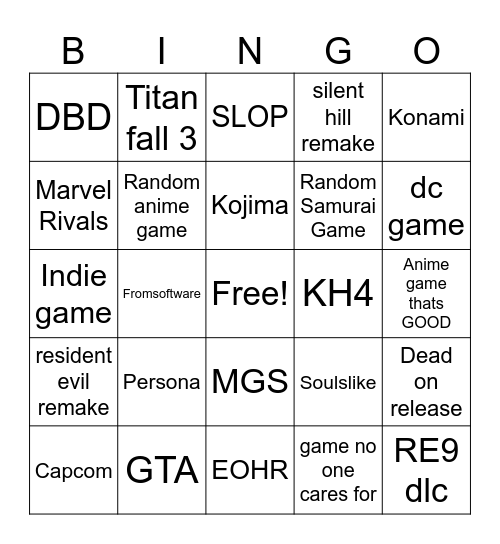 Summer game Fest Bingo Card