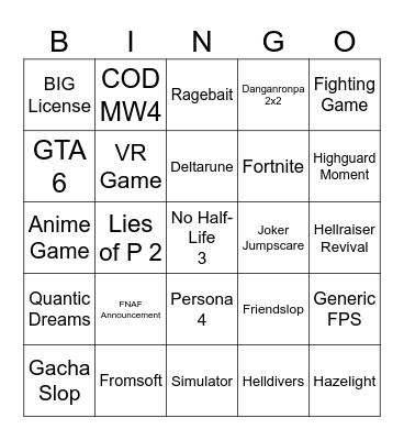 Summergamefest Bingo Card