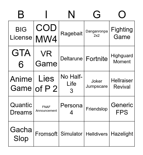 Summergamefest Bingo Card