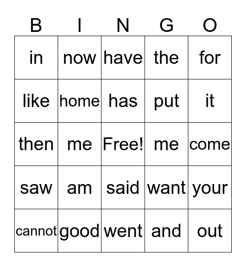 Site Word Bingo Card