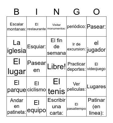 Los Pasatiempos, Los Deportes, y Los Lugares Bingo Card