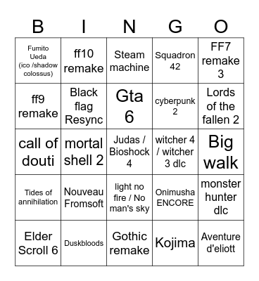 Summer game fest Bingo Card