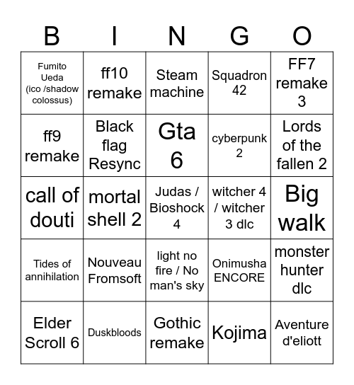 Summer game fest Bingo Card
