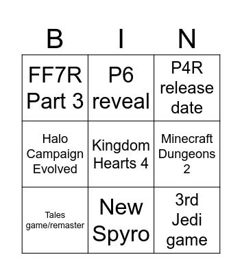 Personal predictions/hopes for SGF/XGS 2026 Bingo Card