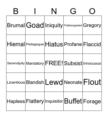 Vocabulary Bingo Card