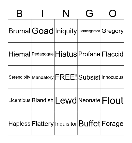 Vocabulary Bingo Card