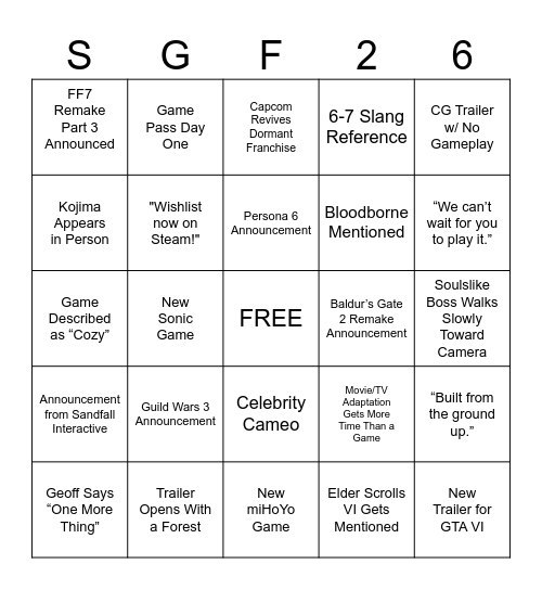 SGF 2026 Bingo Card