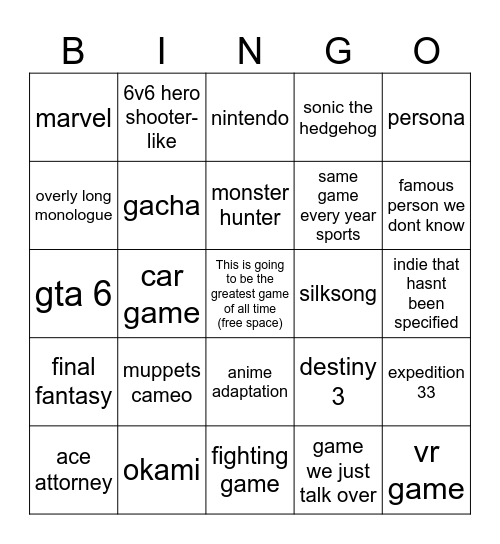 Geoff's Silly Little Bingo Sheet Bingo Card