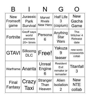 Summer Game Fest Bingo Card