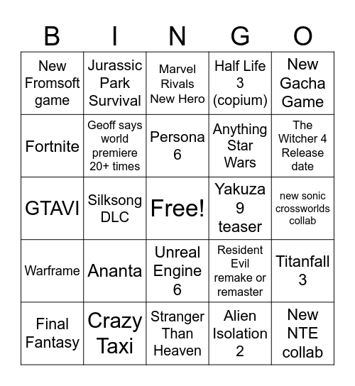 Summer Game Fest Bingo Card