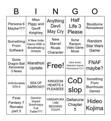 Summer Game Fest 2026 Bingo Card