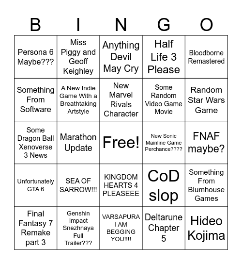 Summer Game Fest 2026 Bingo Card