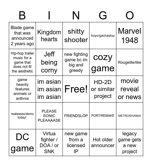 Summer games fest 2026 Bingo Card