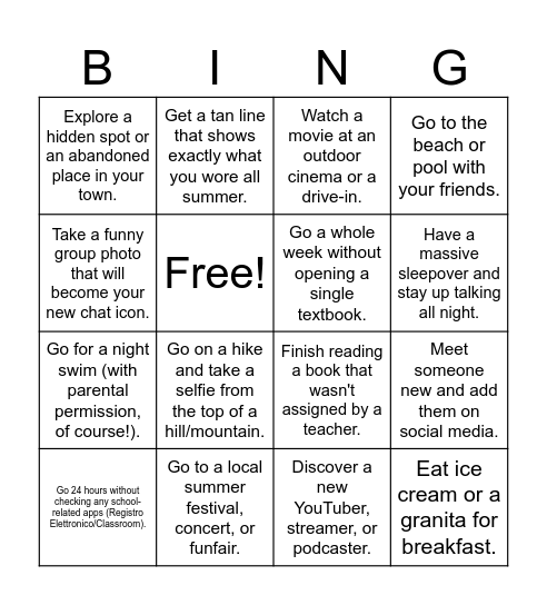 3 months of vacation Bingo Card