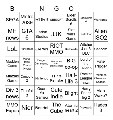 Summer Game Fest Bingo Card
