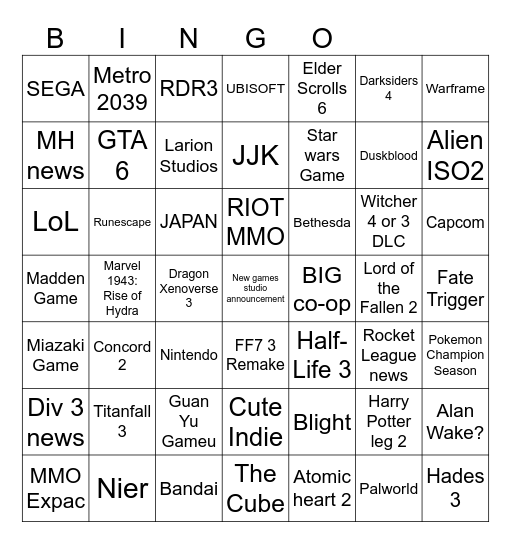 Summer Game Fest Bingo Card