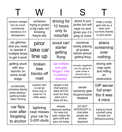 Twisted Roblox game Bingo Card