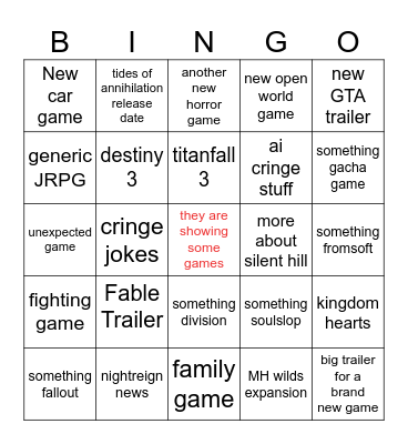game fest Bingo Card