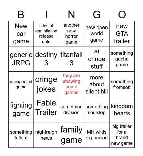game fest Bingo Card