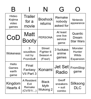 Hideo Kojima's Best Friend Game Fest Bingo Card