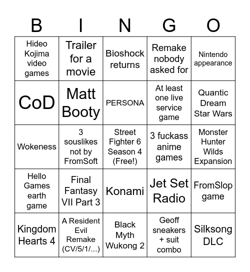 Hideo Kojima's Best Friend Game Fest Bingo Card