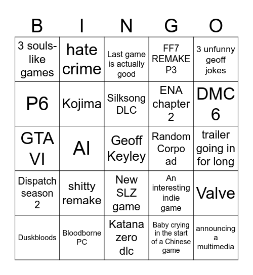 Bingo Card - Summer Game Fest 2026 Bingo Card