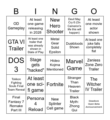 Summer Games Fest Bingo Card