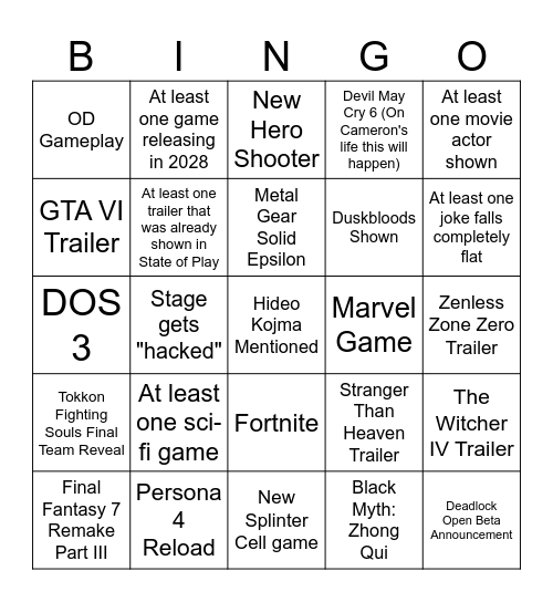 Summer Games Fest Bingo Card