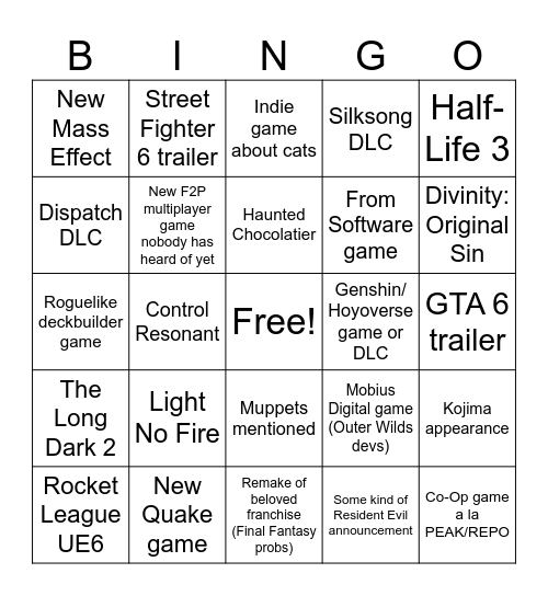 Summer Game Fest 2026 Bingo Card