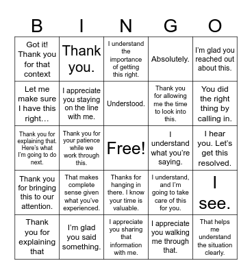 Member Acknowledgement Bingo Card