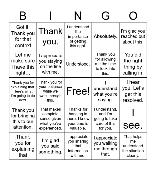 Member Acknowledgement Bingo Card