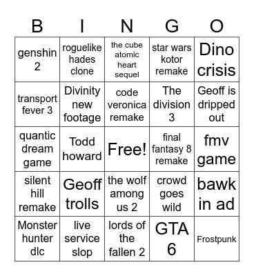 Summer gamefest 2026 Bingo Card