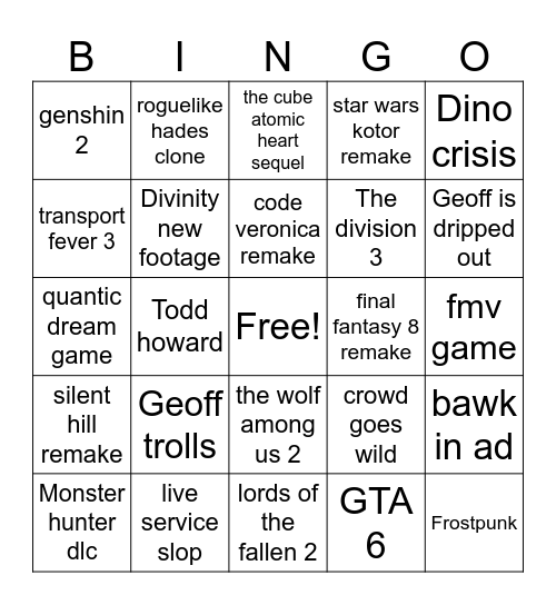 Summer gamefest 2026 Bingo Card