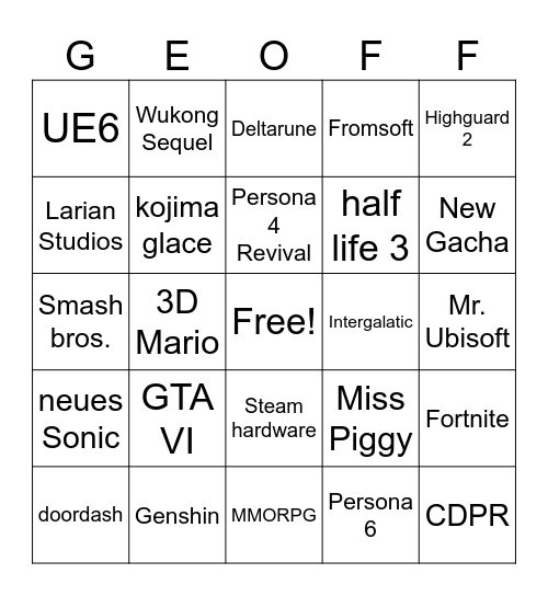 Summer Game Fest GEOFF GÖNN DU SOHN Bingo Card