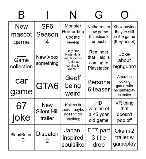Summer Games Fest Bingo Card