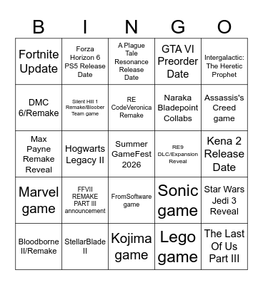 Summer GameFest 2026 Bingo Card