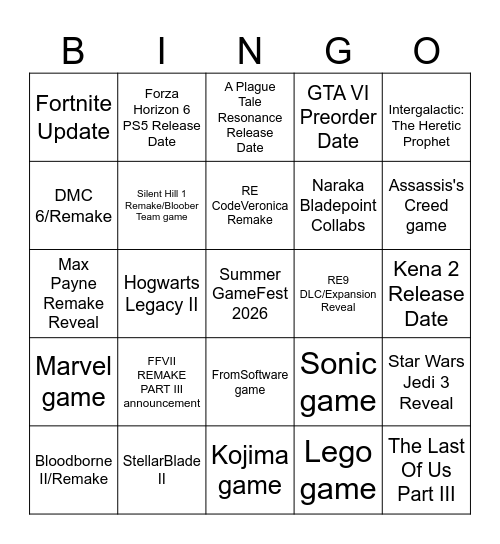 Summer GameFest 2026 Bingo Card