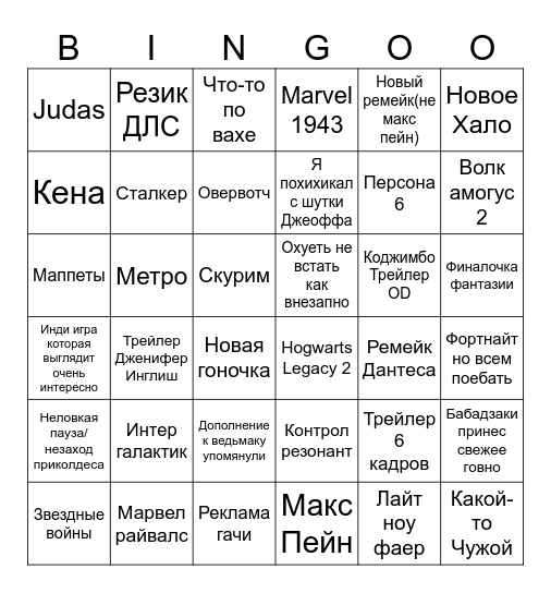 Summer game awards Bingo Card