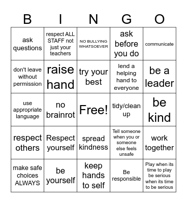 5th grade expectations bingo Card
