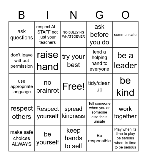 5th grade expectations bingo Card