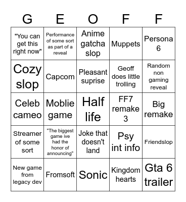 Summer games fest Bingo Card