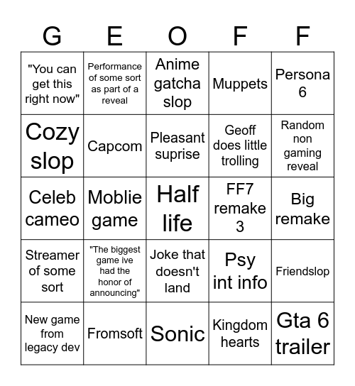 Summer games fest Bingo Card