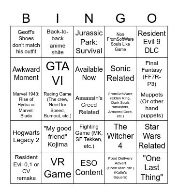 Summer Games Fest Bingo Card