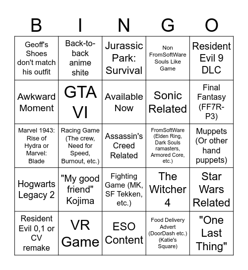 Summer Games Fest Bingo Card