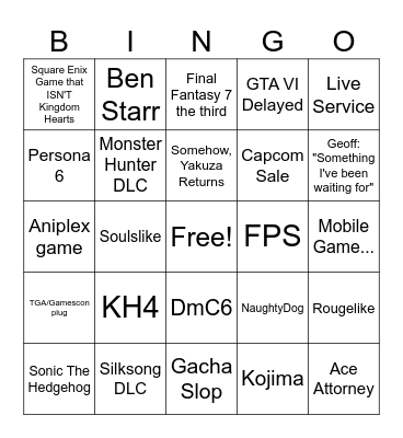 SGL 2026 Bingo Card