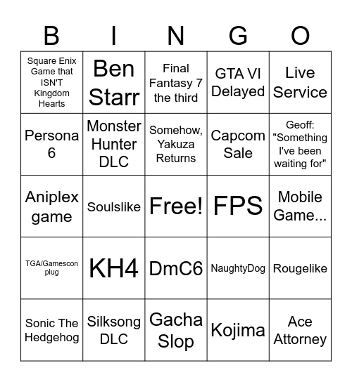 SGL 2026 Bingo Card
