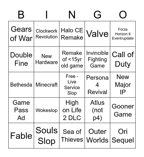 Xbox Games Showcase 2026 Bingo Card