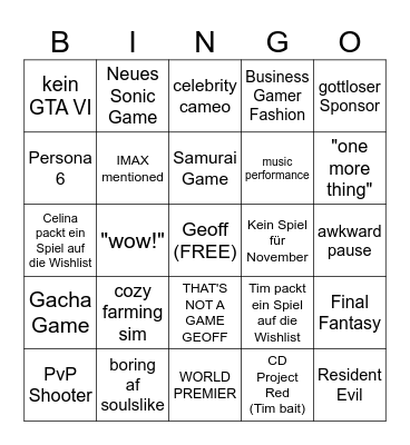 Summer Games Fest Bingo Card